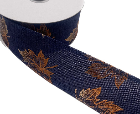 10 Yards - 1.5” Wired Navy Blue Background with Orange Foil Fall Leaves Seasonal Ribbon