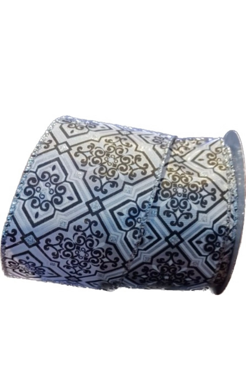 Wired Silver Black and White Design Ribbon-2.5”x10 Yards