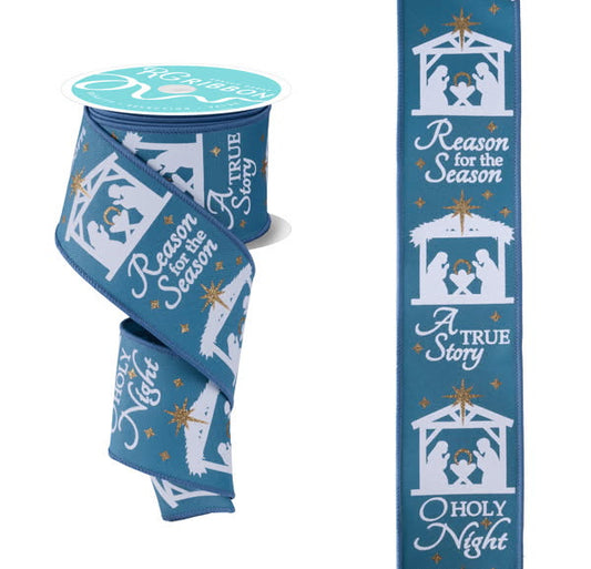 Wired Smoke Blue Jesus Is The Reason For The Season with Gold Glitter Accent Christmas Ribbon- 2.5”x10 Yards
