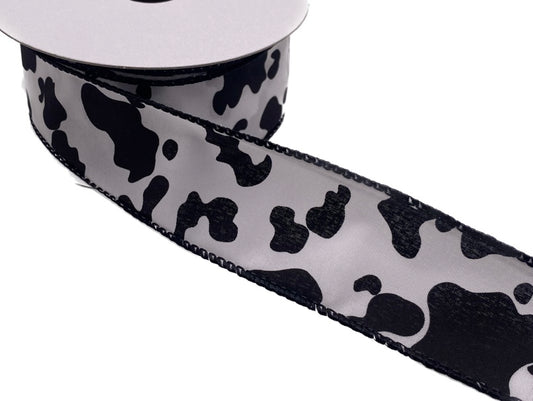 10 Yards - 1.5" Wired Black and White Cow Print Ribbon