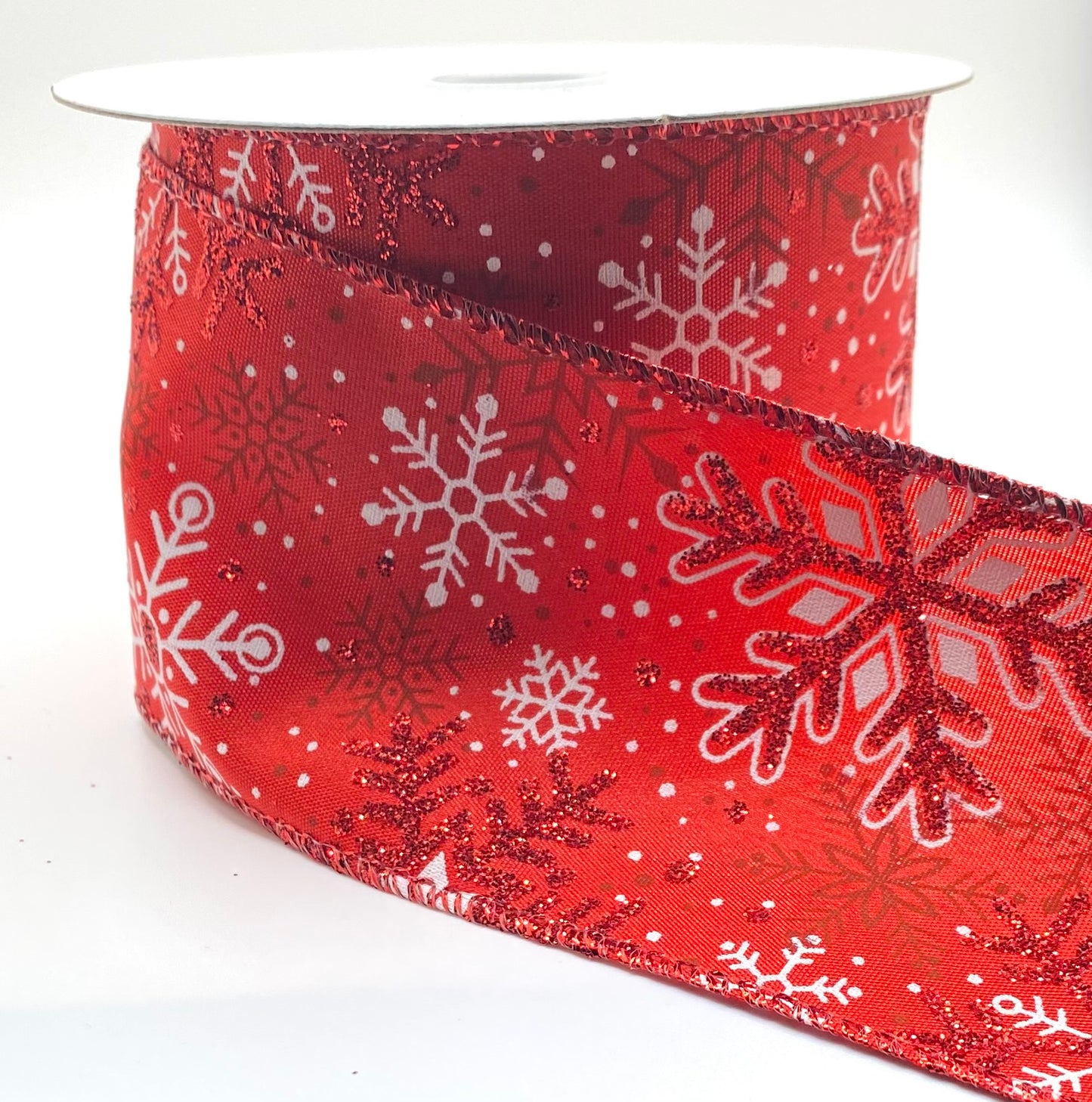 10 Yards - 2.5” Wired Red Satin White Red Glitter Snowflakes Ribbon