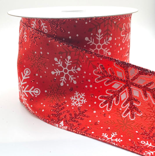 10 Yards - 2.5” Wired Red Satin White Red Glitter Snowflakes Ribbon