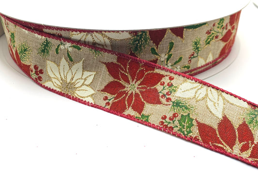 50 Yards - 1.5” Wired Natural Linen Red and White Poinsettia Ribbon