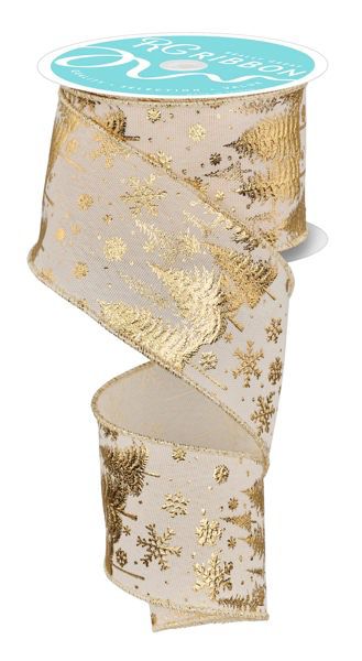 10 Yards - 2.5” Wired Creme and Gold Trees and Snowflakes Metallic Ribbon