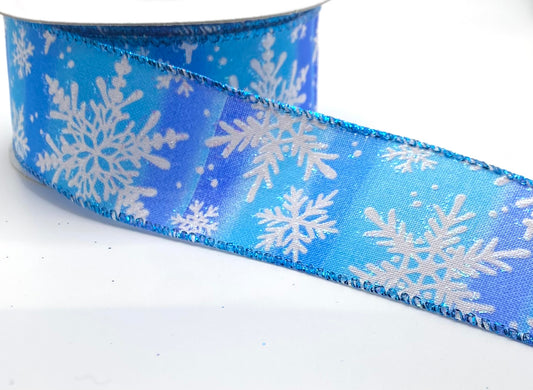 10 Yards - 1.5” Wired Royal Blue Aqua Ombré Satin White Snowflake Ribbon