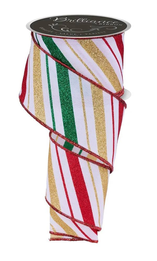 Wired Multi Color Diagonal Stripes Ribbon- 2.5”x10 Yards