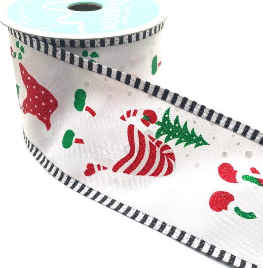 10 Yards - 2.5" Wired White Background Christmas Gnome Ribbon with Striped Edge