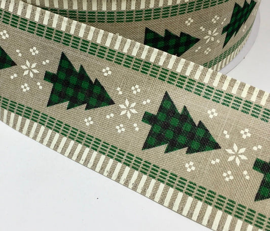 50 Yards - 2.5” Natural Background Green Christmas Tree Ribbon