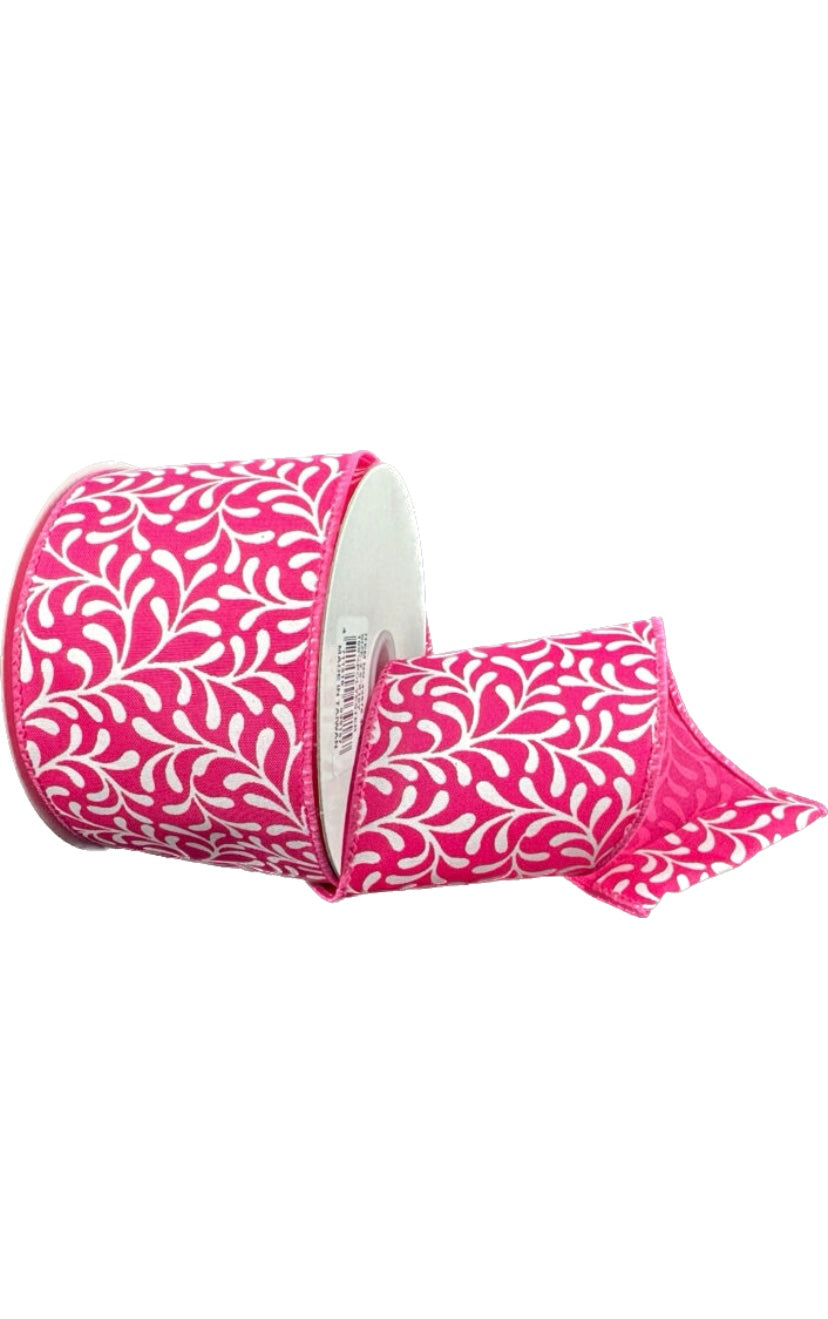 Wired Fuchsia Satin White Rounded Vines Ribbon- 2.5”x 10 Yards
