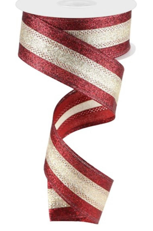 10 Yards - 1.5" Wired Cranberry and Champagne Heavy Glitter Ribbon