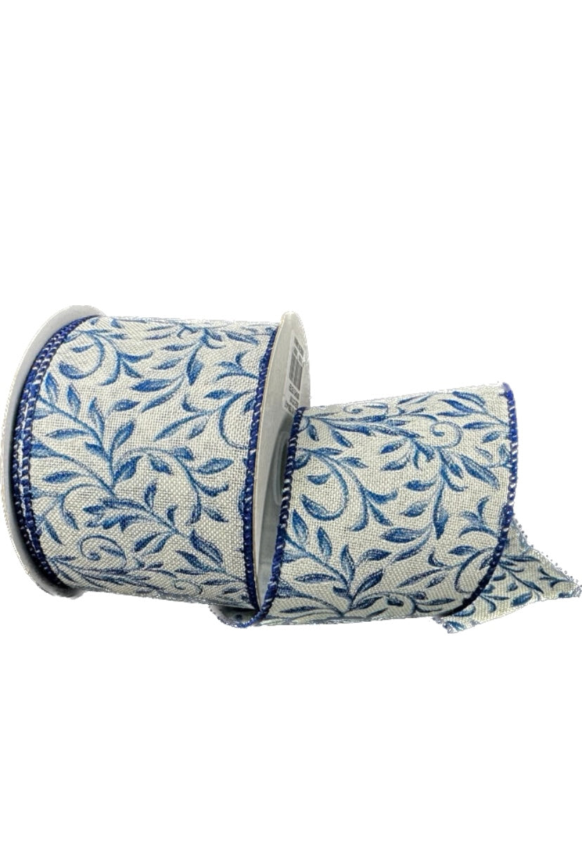 Wired Ivory Linen Navy Foilage Swirls-2.5” x10 Yards