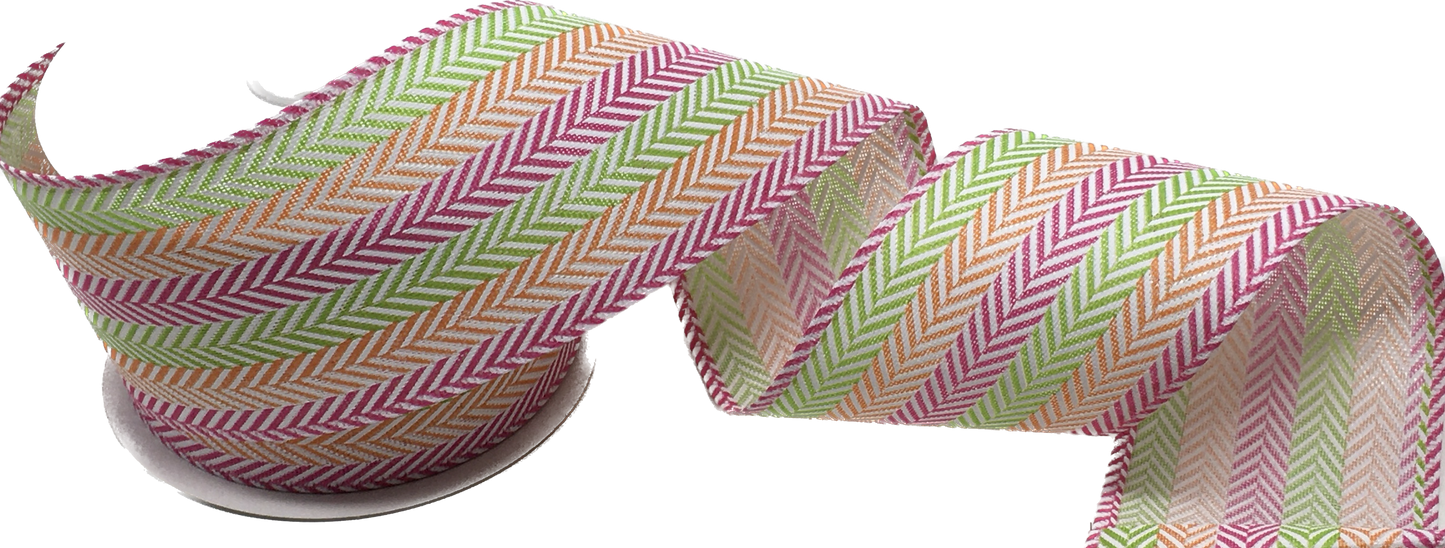 10 Yards - 2.5” Wired Multicolored Pink, Green, Orange and White  Patterned Ribbon