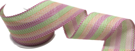 10 Yards - 2.5” Wired Multicolored Pink, Green, Orange and White  Patterned Ribbon