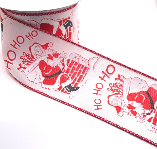 10 Yards - 2.5” Wired White Satin Ho Ho Ho Santa Ribbon