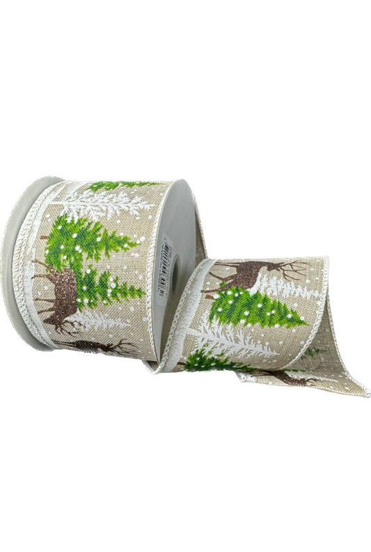 Wired Natural LinenTrees and Brown Glitter Deer Ribbon- 2.5”x10 Yards
