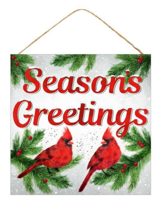 10” Square Season’s Greetings Cardinal Wreath Sign