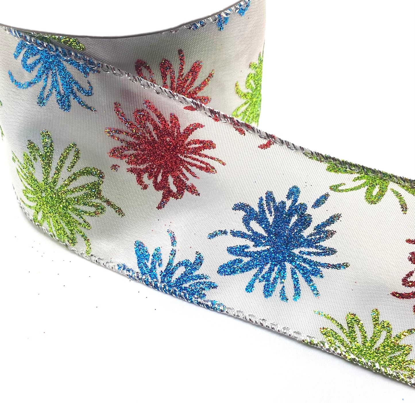 10 Yards - 2.5" Wired Blue, Red and Green Glitter Snowflake Ribbon