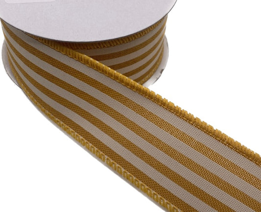 10 Yards - 1.5" Wired Mustard Yellow and Cream Stripe Ribbon