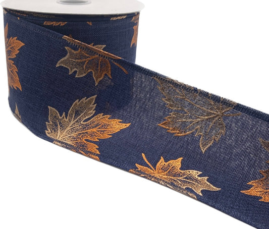 10 Yards - 2.5” Wired Navy Blue Background with Orange Foil Fall Leaves Seasonal Ribbon