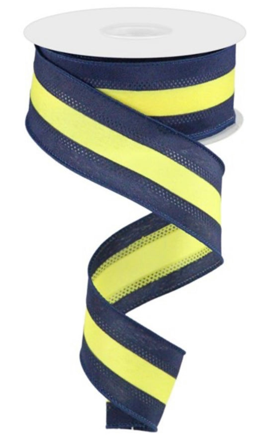 10 Yards - 1.5” Wired Navy Blue and Yellow Stripe Satin Ribbon