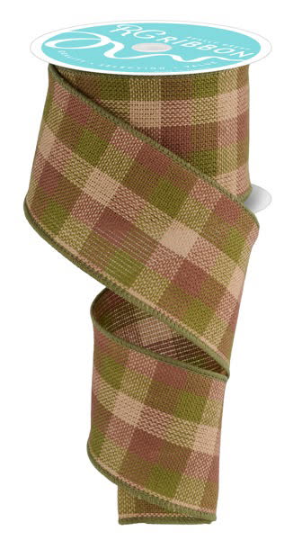 Wired Moss Green, Beige, Brown Woven Check Ribbon- 2.5”x10 Yards