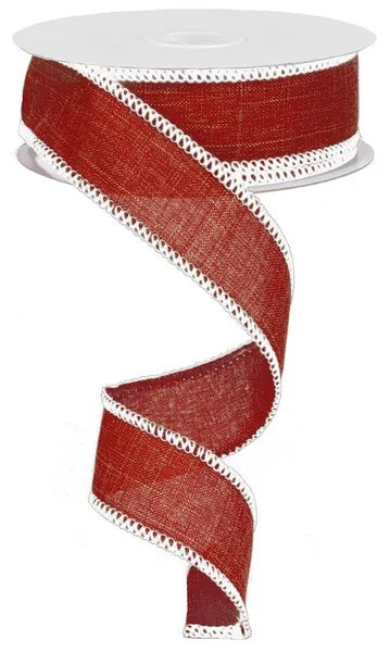 Wired Red Ribbon with White Stitched Edging- 1.5”x10 Yards