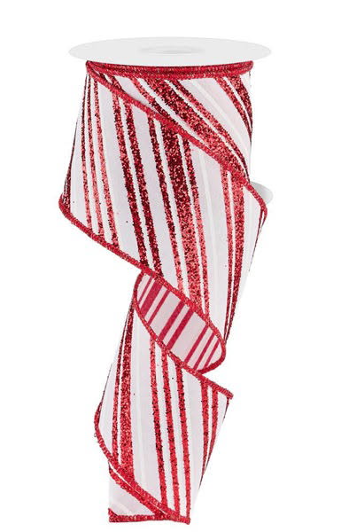 Wired Red and White Glitter Swirl Stripe Ribbon- 2.5”x10 Yards