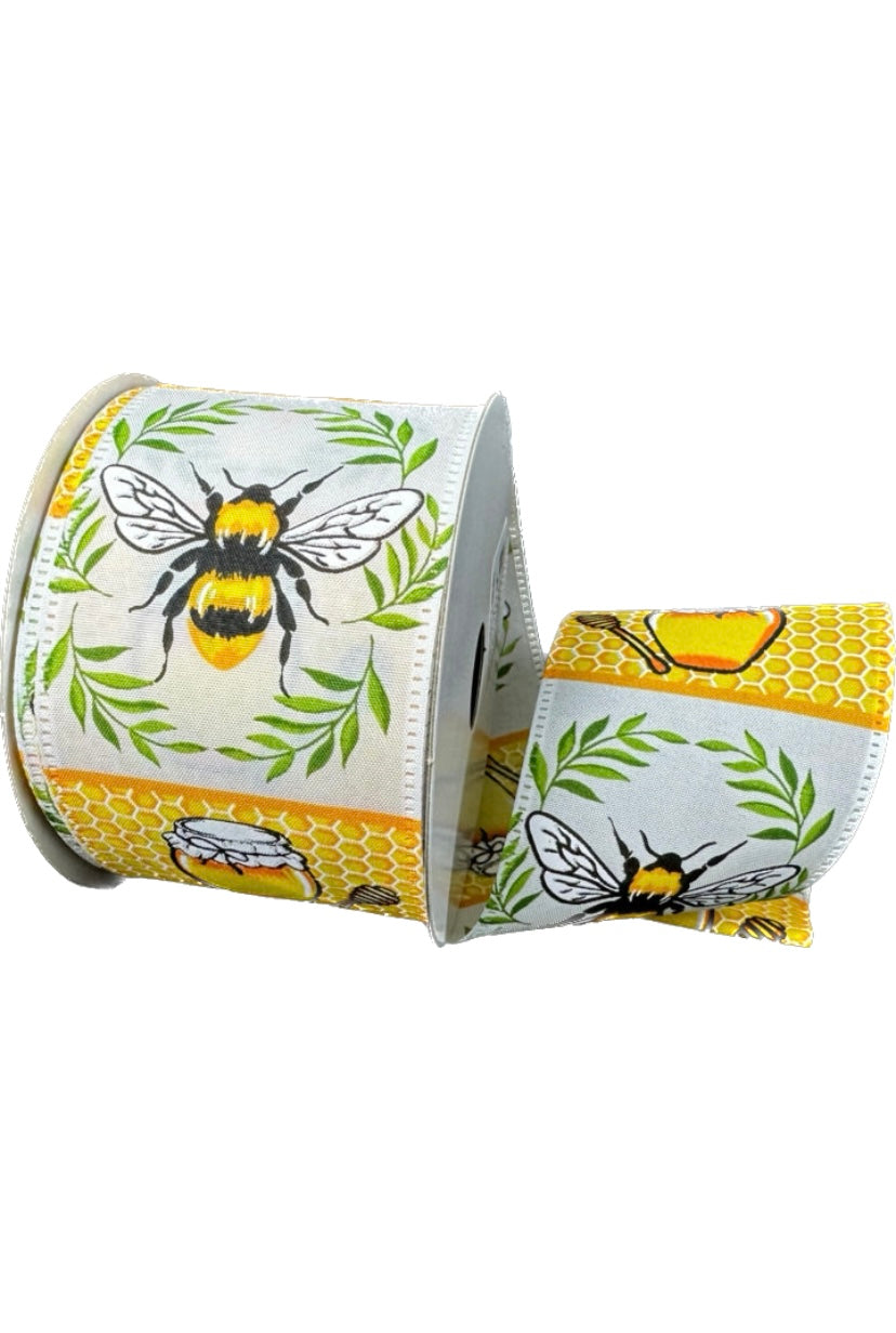 10 Yards - 2.5 Wired Satin White, Yellow and Black Bee Ribbon