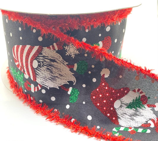 10 Yards - 2.5" Wired Black Background Christmas Gnome Ribbon with Red Trim