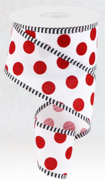 10 Yards - 2.5” Wired White with Red Metallic Polka Dot Ribbon