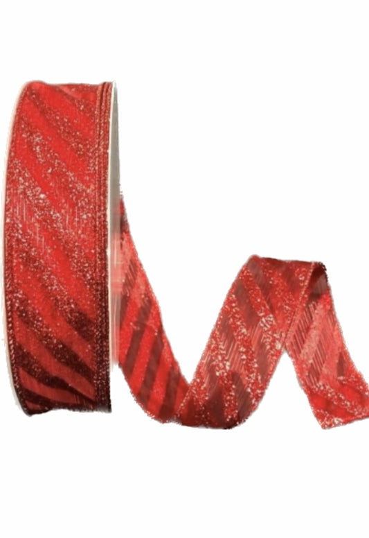 50 Yards - 1.5” Red Glitter Sheer Stripe Christmas Ribbon