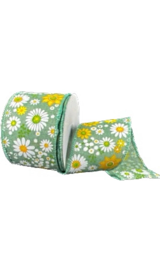 Wired Lime Linen Spring Flowers Explosion Ribbon-2.5”x10 Yards