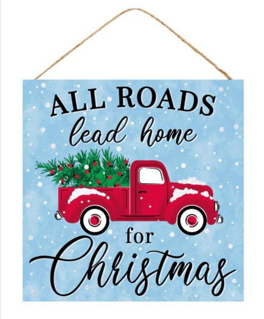 10” Square All Roads Lead Home For Christmas Wreath Sign with Glitter Accent