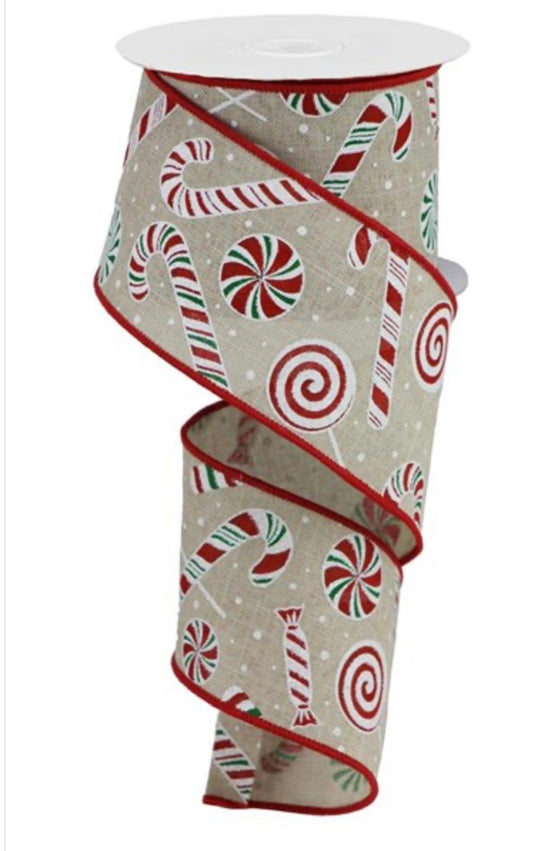 10 Yards - 2.5” Wired Peppermint Candy Christmas Ribbon with Glitter Accent