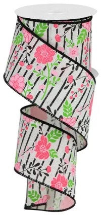 Wired Cream with Pink Floral Ribbon- 2.5”x10 Yards