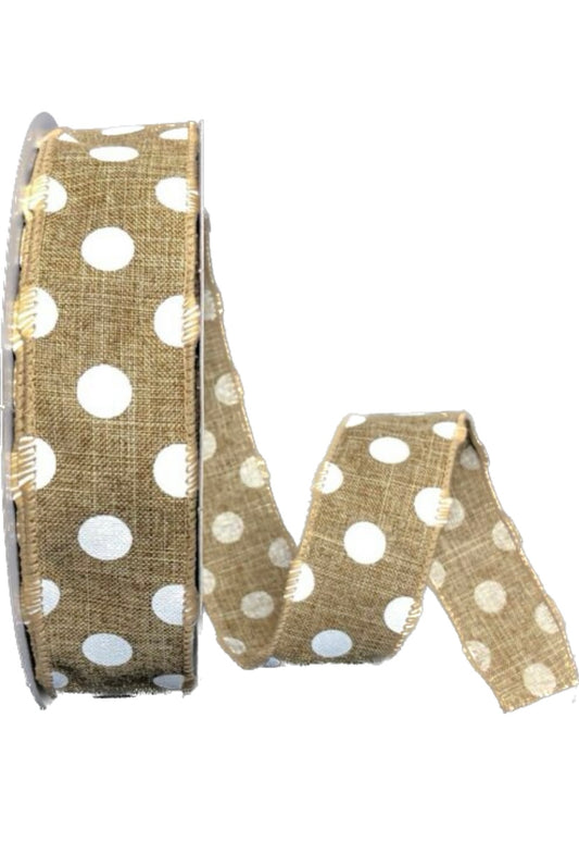 50 Yards - 1.5” Wired Natural Background with White Polka Dots Ribbon