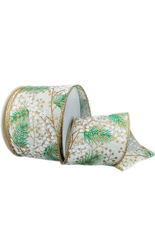 Wired White Linen Pine Berries Ribbon-2.5”x10 Yards