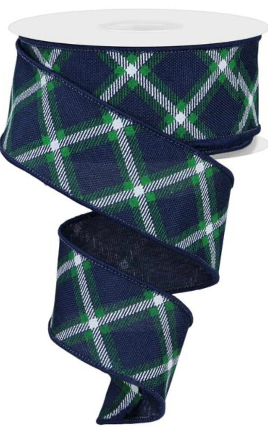 10 Yards - 1.5” Wired Emerald Green, Navy Blue, and White Cross Plaid Ribbon