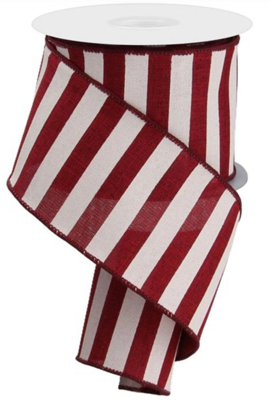 Wired Burgundy and Ivory Horizontal Stripes Ribbon- 2.5”x10 Yards
