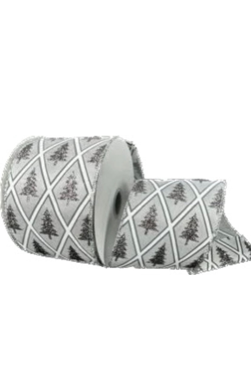 Wired Dark Gray Satin Silver Snowflake Diamond Ribbon-2.5”x10 Yards
