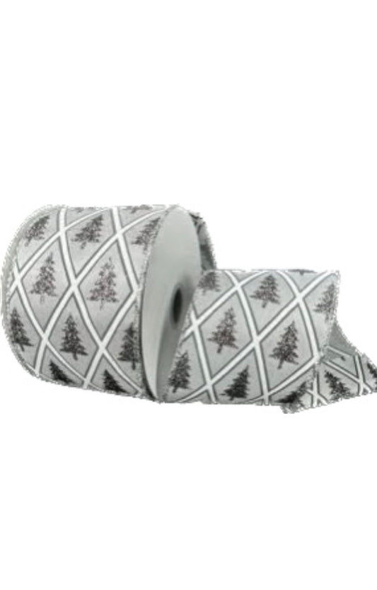 Wired Dark Gray Satin Silver Snowflake Diamond Ribbon-2.5”x10 Yards