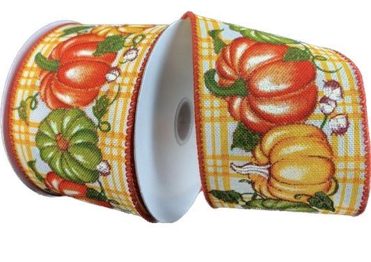 10 Yards - 2.5” Wired Gingham Background Fall Pumpkin Ribbon with Glitter Accent