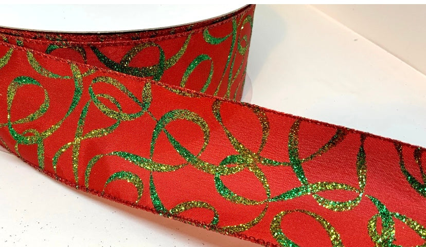 50 Yards - 2.5” Red Satin Background Green Swirl Accent Christmas Ribbon