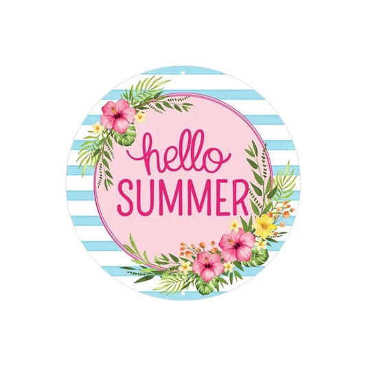 8” Round Metal Hello Summer Floral Wreath Sign