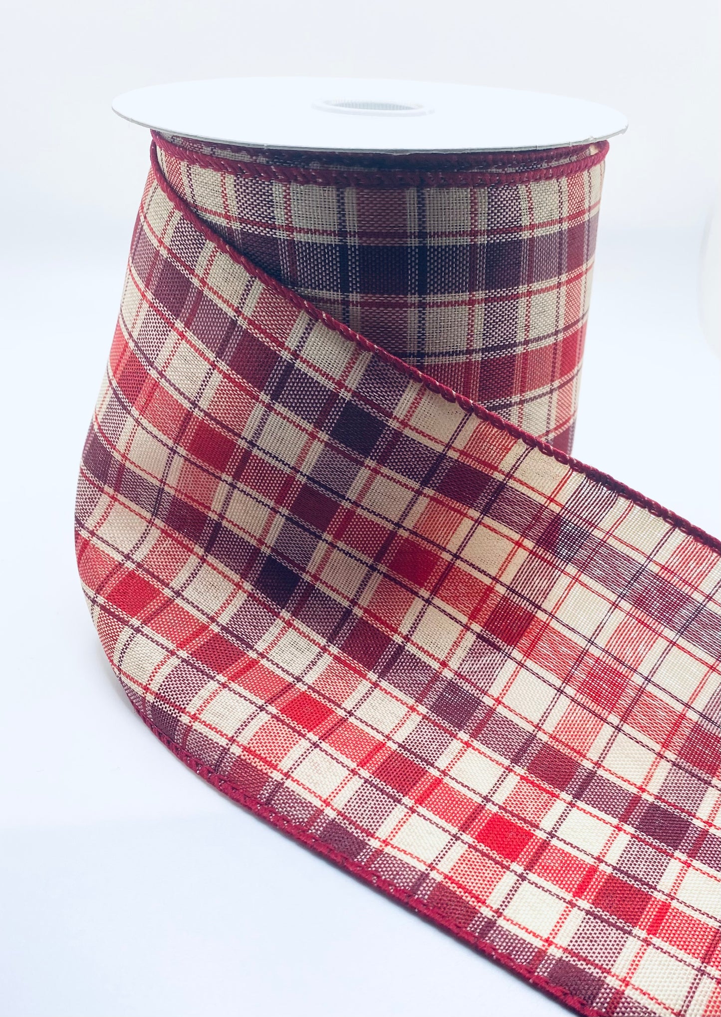 10 Yards - 4” Wired Creme, Burgundy and Red Fall Plaid Ribbon