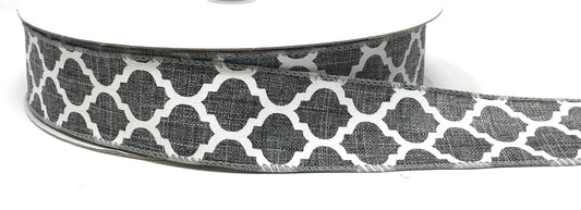 50 Yards - 1.5” Wired Gray and White Lattice Ribbon