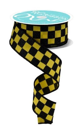 Wired Yellow and Black Print Glitter Check Ribbon- 1.5”x10 Yards