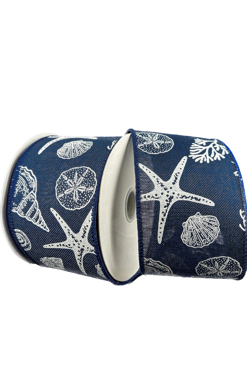 Wired Navy Blue and White Seashell Beach Ribbon-2.5”x10 Yards