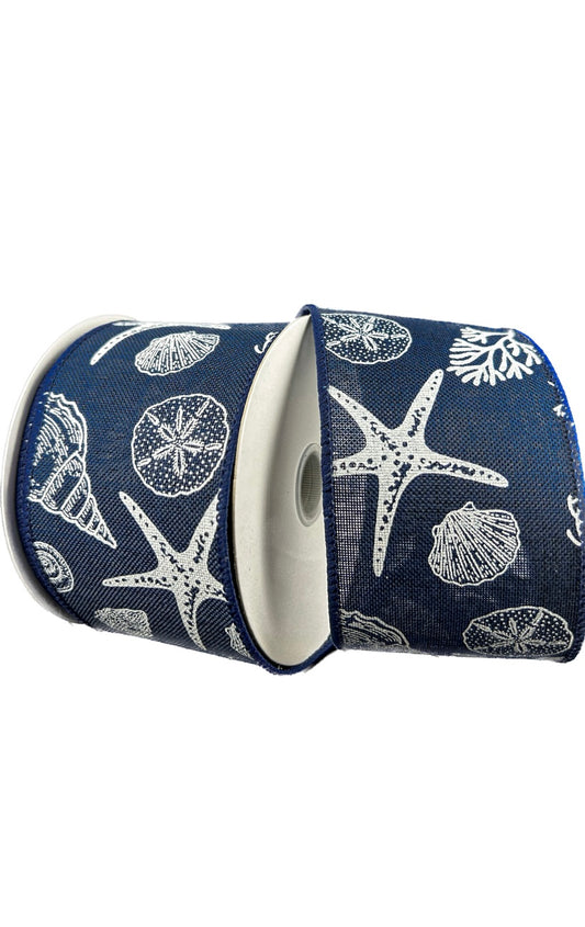 Wired Navy Blue and White Seashell Beach Ribbon-2.5”x10 Yards