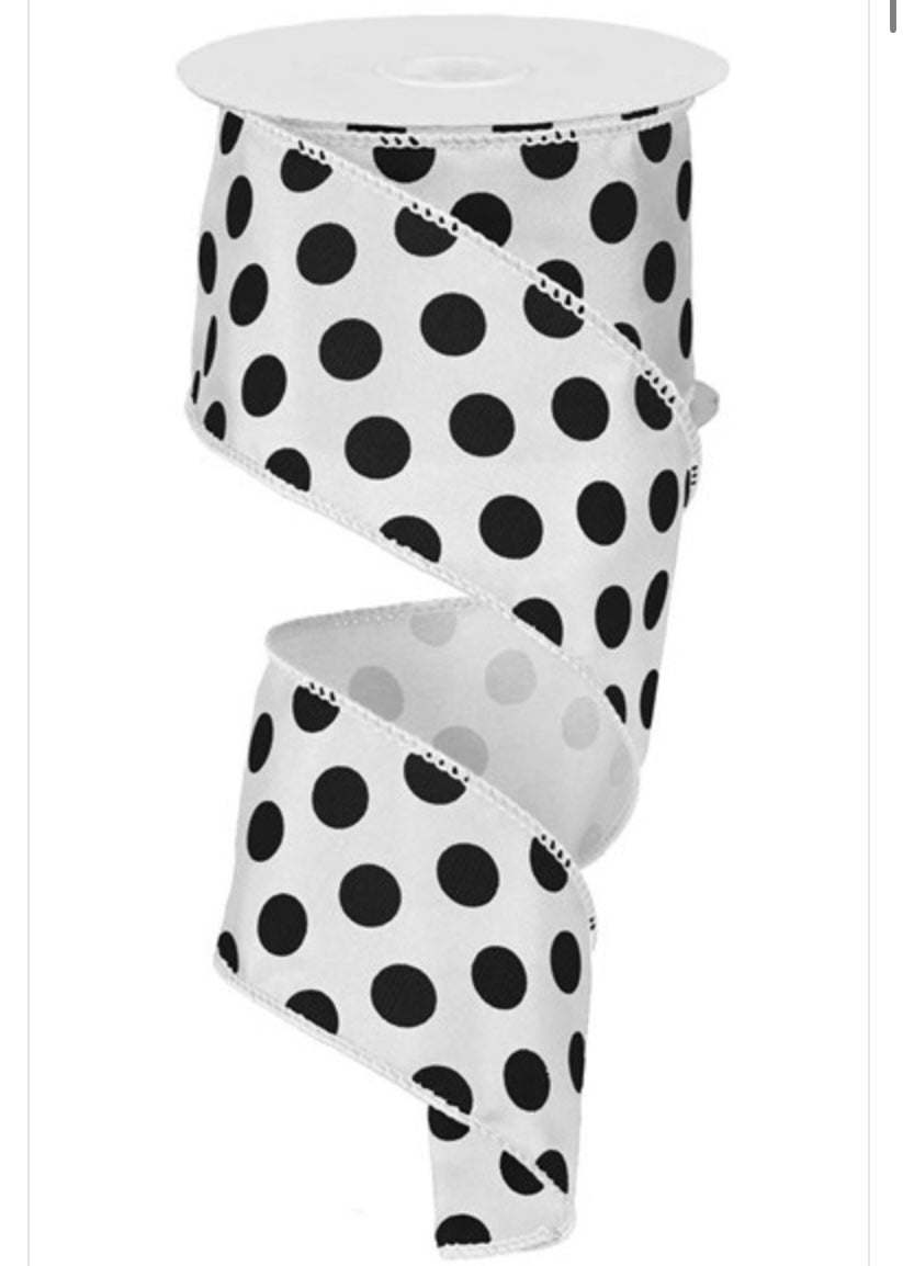 10 Yards - 2.5” Wired White with Black Polka Dot Ribbon